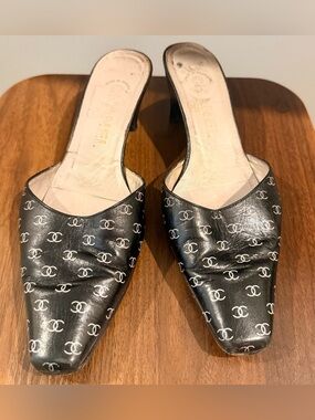VINTAGE CHANEL Black Logo-Print Leather Mule Heels